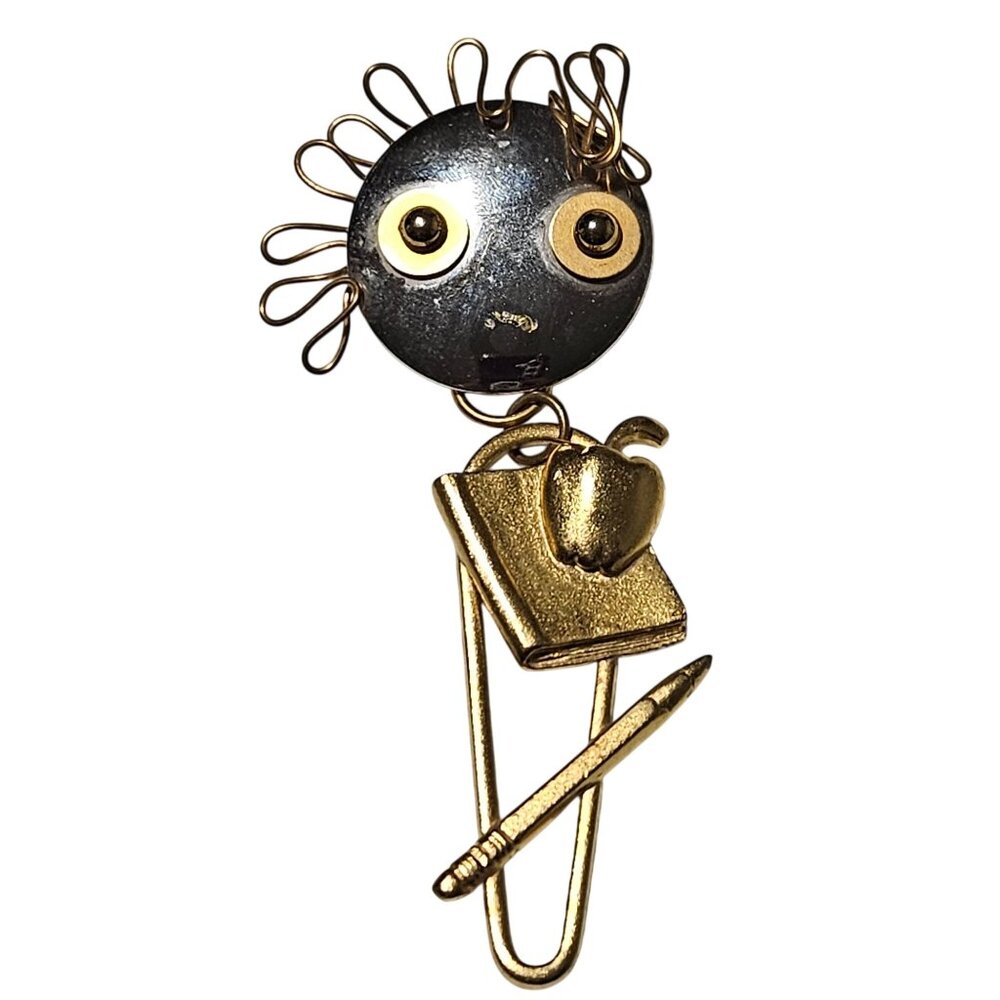 Quirky Wire Face Paperclip Brooch Apple Book Pencil Accents Gold Silver Tone